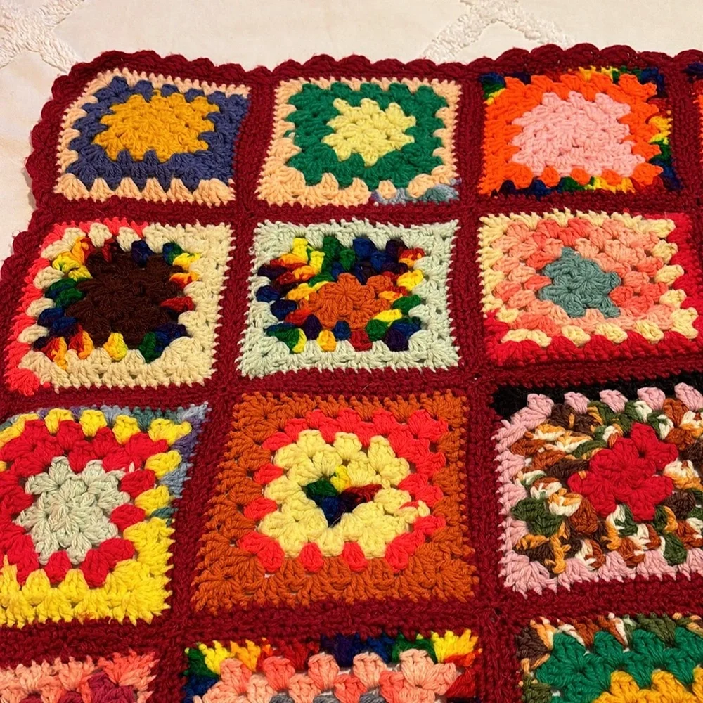 Crocheted Granny Square Multi Colored Afghan Lap Blanket - NEW